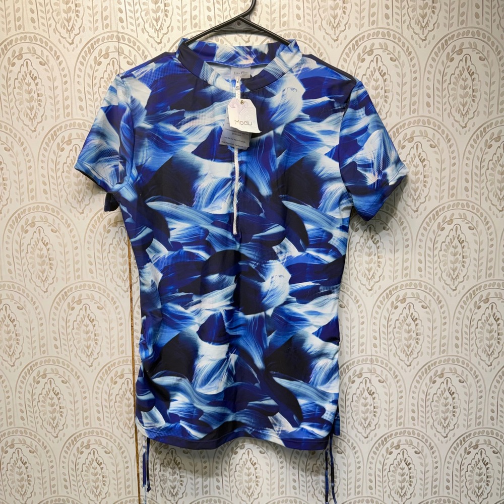 Ella‎ Mae Swim Top Women Large Blue Half-Zip Adele Rash Guard Short Sleeve ModLi